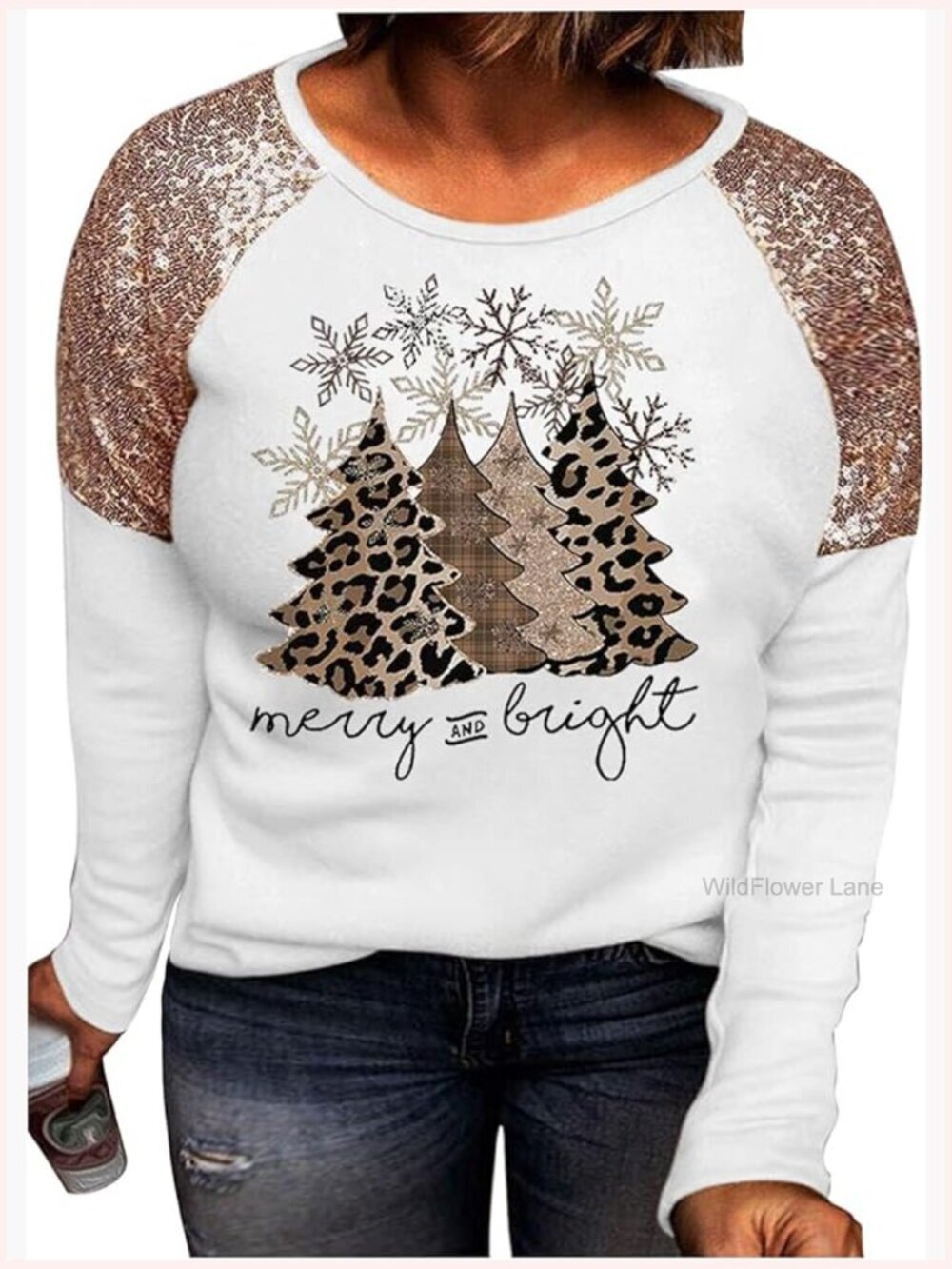 Women's Christmas Leopard Tree Snowflake Sequined Baseball T-Shirt Plus Size